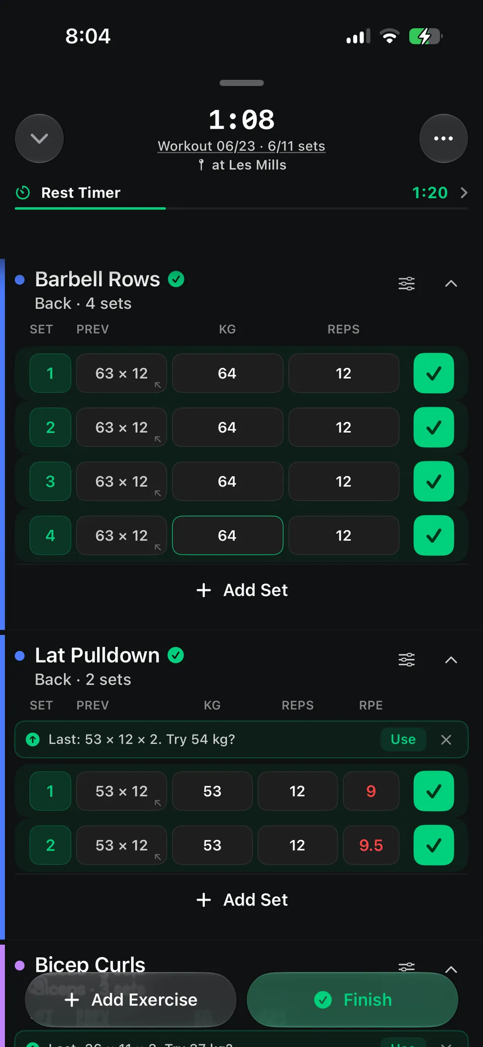 Previous weight and reps alongside current set entry in the Logbook iPhone app