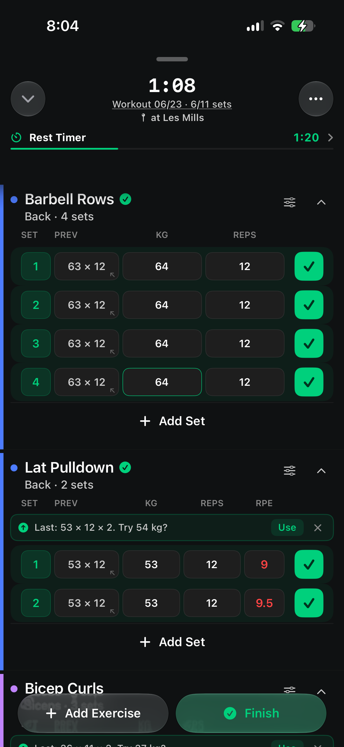 Logging a workout in Logbook: sets filling in with previous-set autofill, a running rest timer, and a suggested next weight